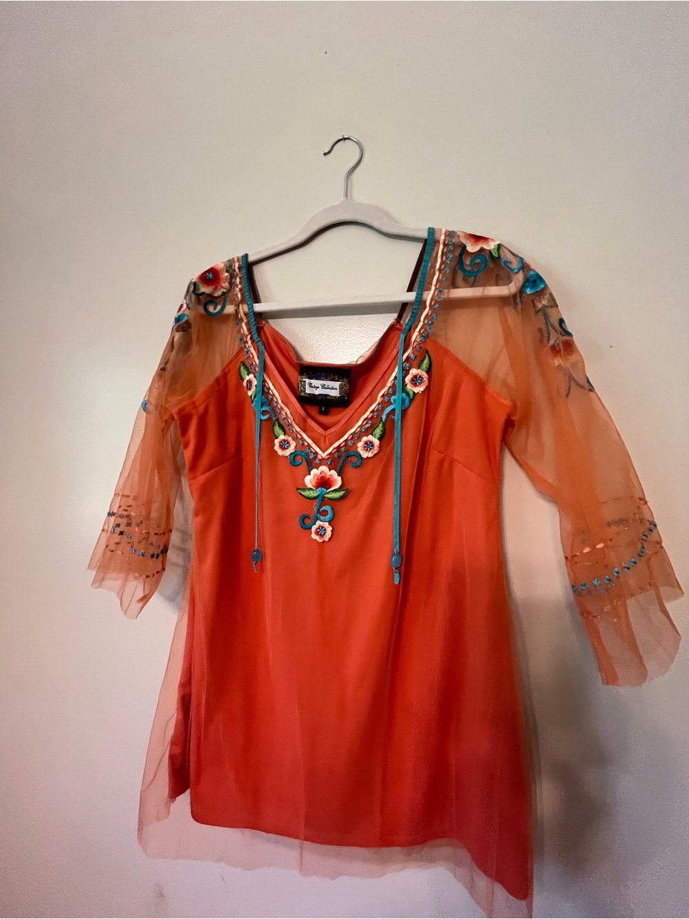 Orange Embroidered Mesh Sleeve Dress